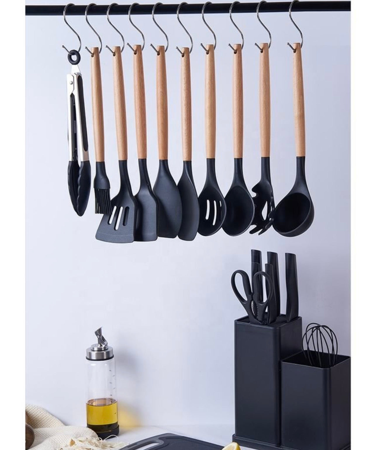 Silicone Kitchenware Kit 19 Pieces Knife & Spoon Set With Storage Rack