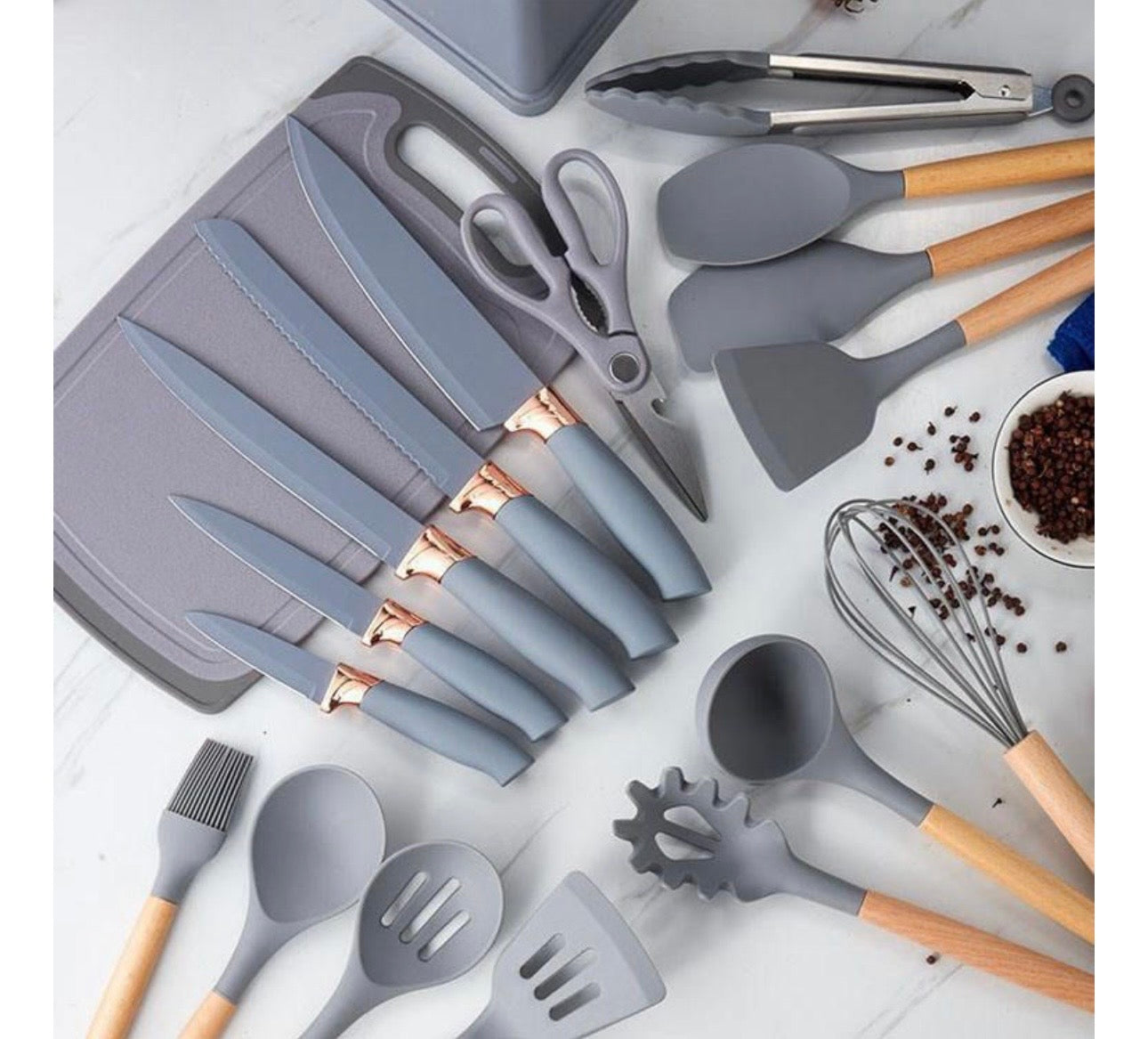 Silicone Kitchenware Kit 19 Pieces Knife & Spoon Set With Storage Rack