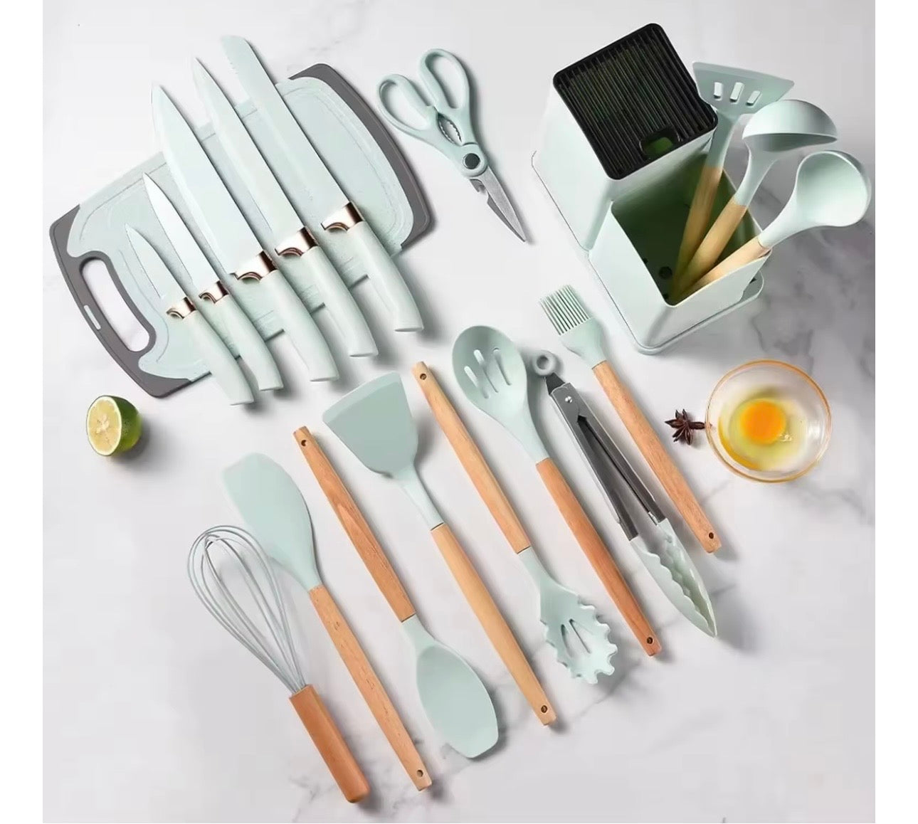 Silicone Kitchenware Kit 19 Pieces Knife & Spoon Set With Storage Rack