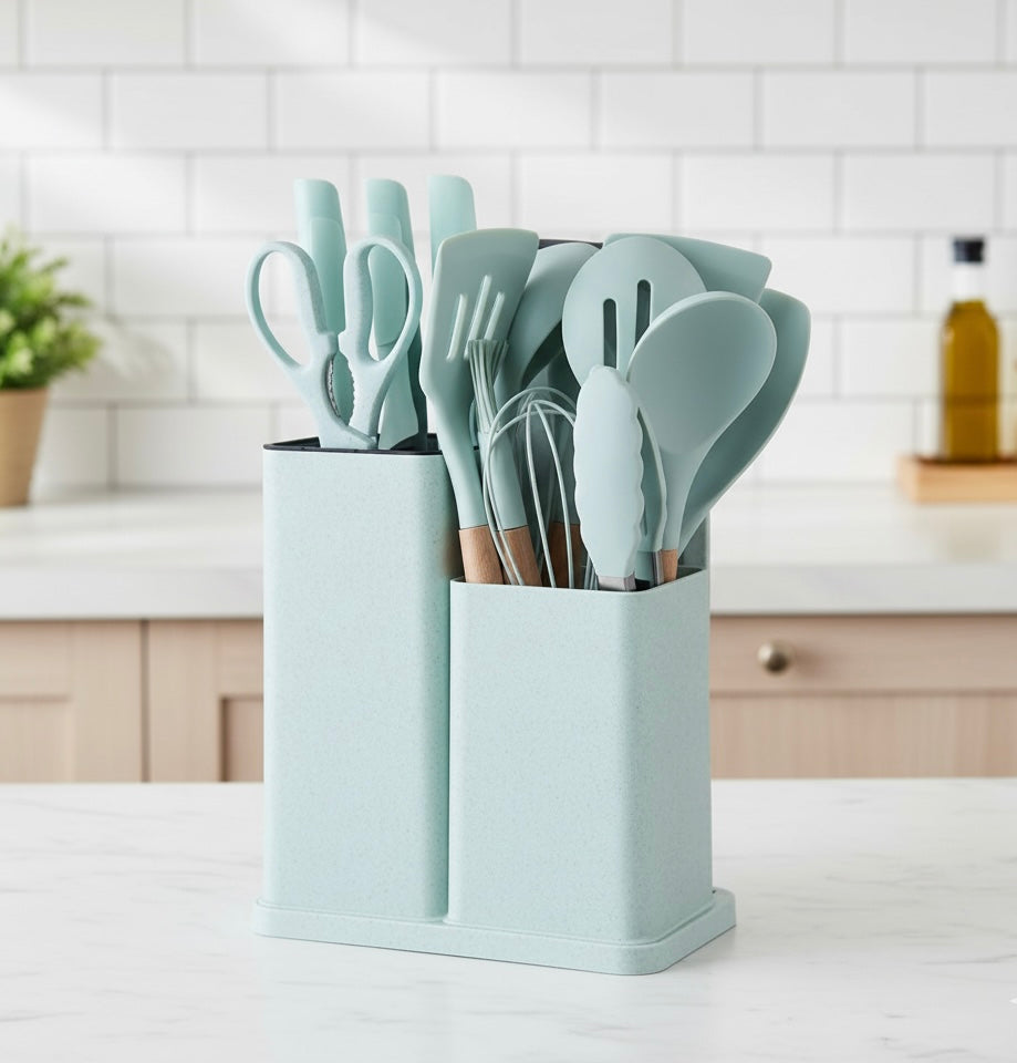 Silicone Kitchenware Kit 19 Pieces Knife & Spoon Set With Storage Rack