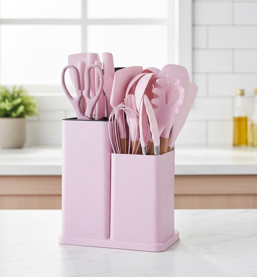 Silicone Kitchenware Kit 19 Pieces Knife & Spoon Set With Storage Rack