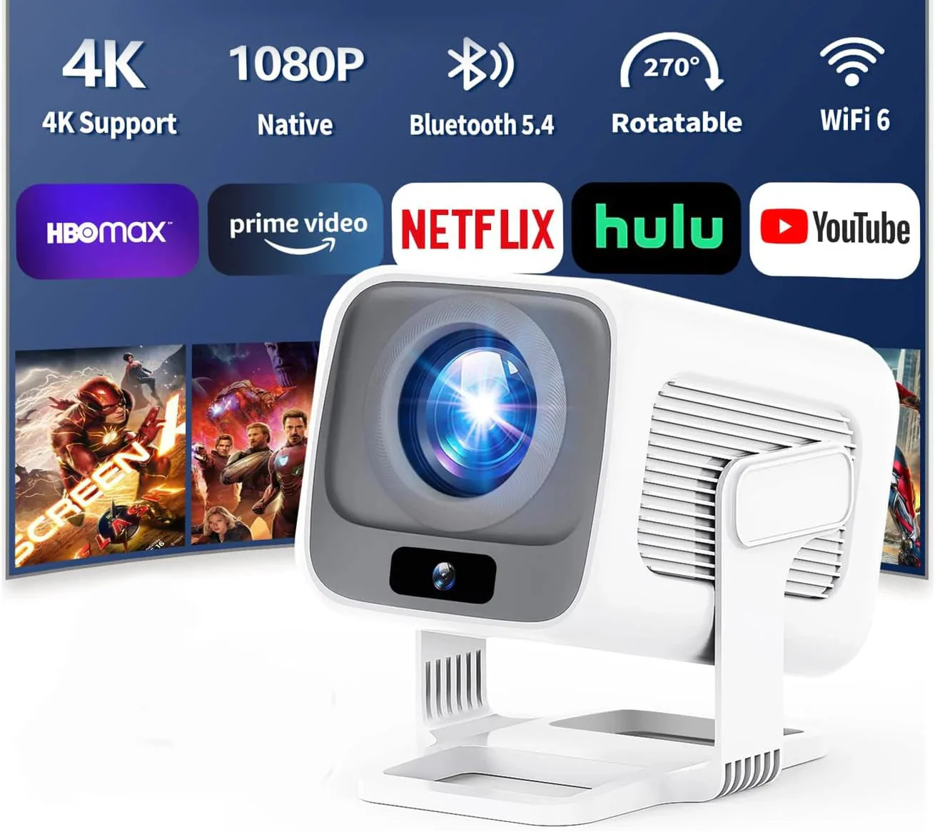 NNEOBA 4K Android Native Portable Projector White