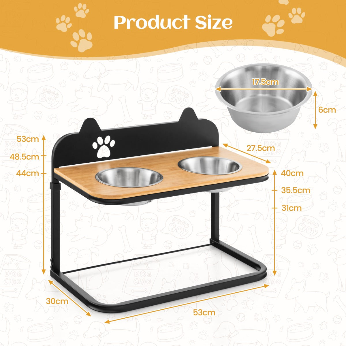 NNECW Metal Raised Dog Bowl Stand with 2 Stainless Steel Food Water Bowls for Medium/Large Dogs