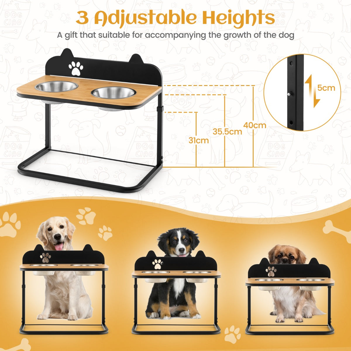 NNECW Metal Raised Dog Bowl Stand with 2 Stainless Steel Food Water Bowls for Medium/Large Dogs